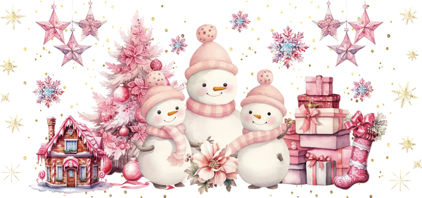 Pink Snowman Design - Winter Cup Wrap UV Sticker Permanent UV DTF Decal
