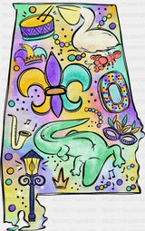 Alabama Map - Mardi Gras DTF Transfer