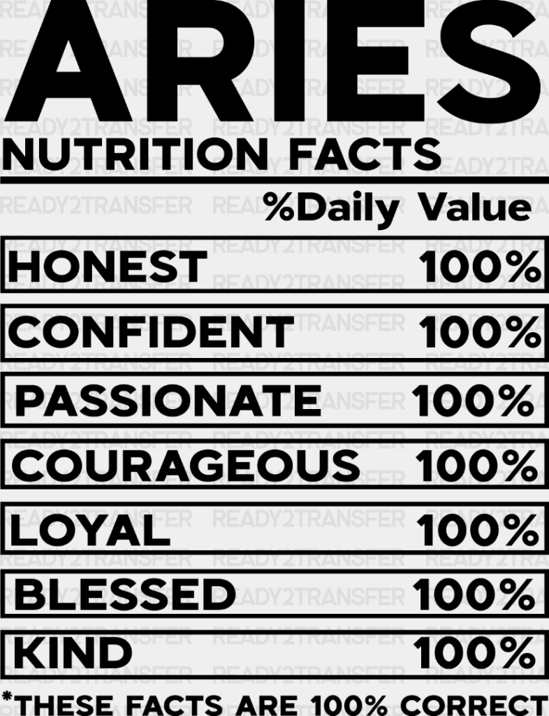 Aries Nutrition Facts - Zodiacs & Horoscopes Dtf Heat Transfer Adult Unisex S M (10’’) / Dark