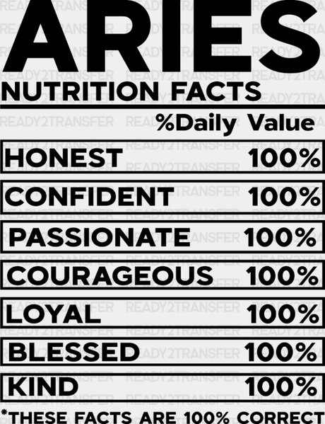 Aries Nutrition Facts - Zodiacs & Horoscopes Dtf Heat Transfer Adult Unisex S M (10’’) / Dark