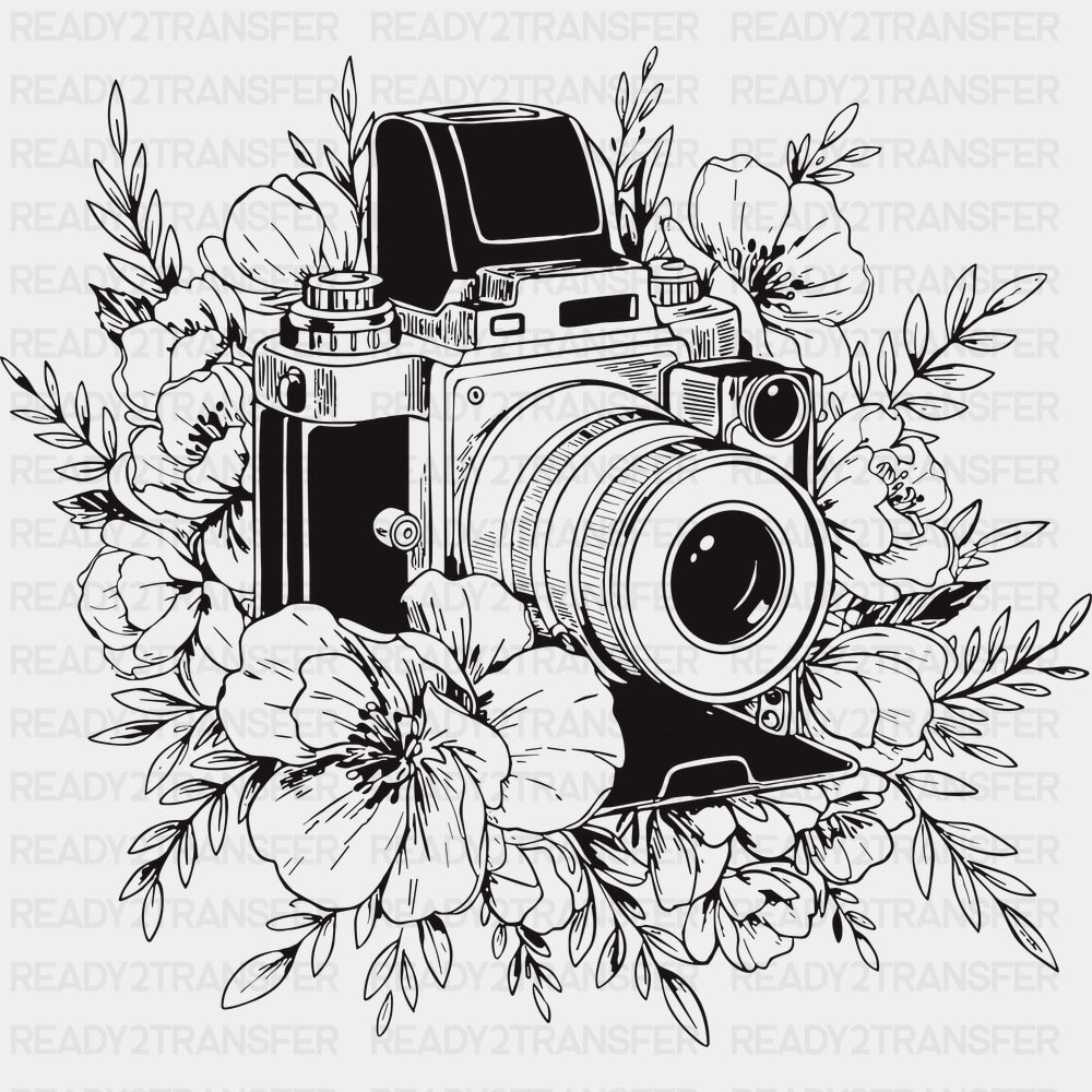 B&W Camera with Flowers - Photography DTF Transfers - Adult Unisex - S & M (10’’) / Dark Color Design (See Imaging)