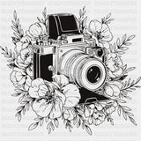 B&W Camera with Flowers - Photography DTF Transfers - Adult Unisex - S & M (10’’) / Dark Color Design (See Imaging)