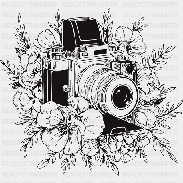 B&W Camera with Flowers - Photography DTF Transfers - Adult Unisex - S & M (10’’) / Dark Color Design (See Imaging)