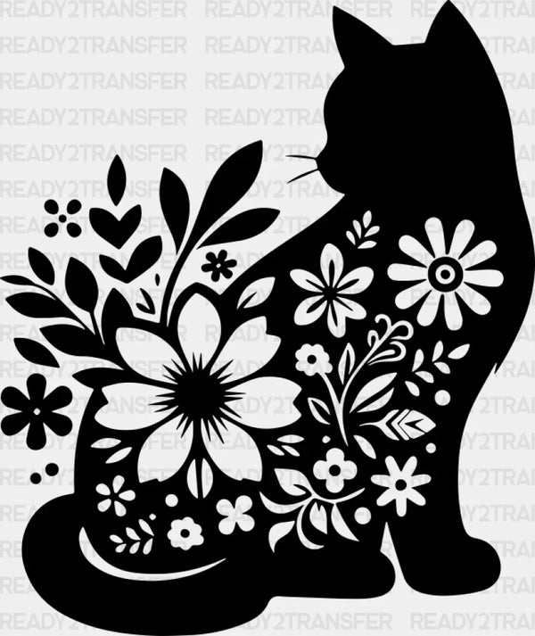B&W Flower Cat - Cat DTF Transfer