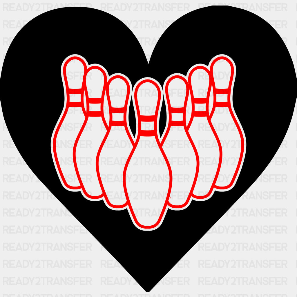 B&W Heart Bowling Pins - Bowling DTF Transfers ready2transfer Dark Color Design (See Imaging)