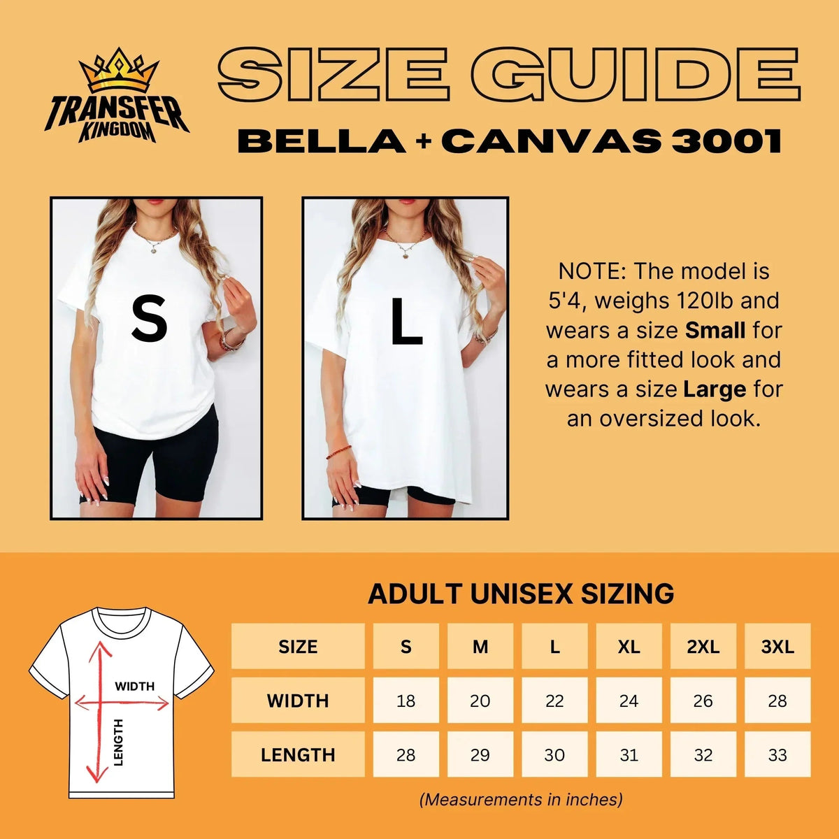 Size guide for Bella + Canvas 3001 adult unisex t-shirt showing width and length measurements.