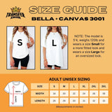 Size guide for Bella + Canvas 3001 adult unisex t-shirt showing width and length measurements.
