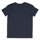 Back view of plain heather navy short sleeve t-shirt on white background