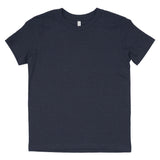 Heather navy blue crew neck short sleeve t-shirt flat lay on white background