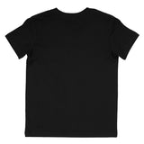 Back view of a plain black short-sleeve T-shirt with a crew neck on white background