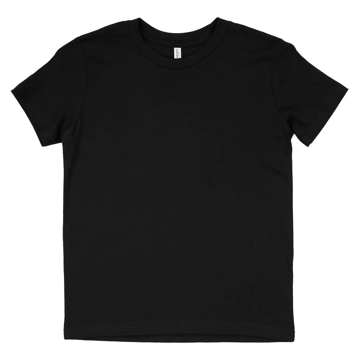 Black short-sleeve crew neck t-shirt front view on white background