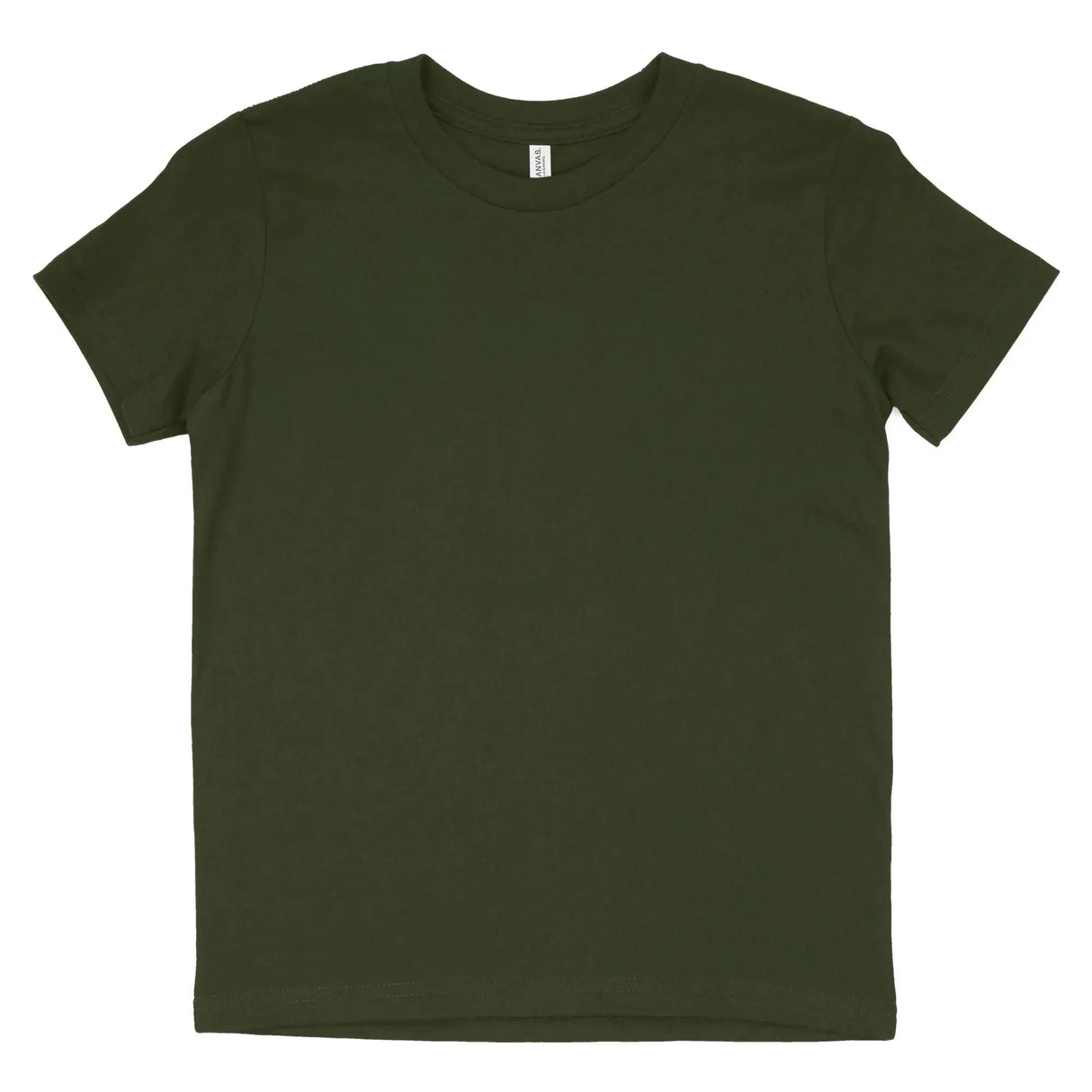 Plain military green unisex crew neck cotton t-shirt laid flat on white background