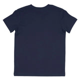 Back view of plain navy blue short sleeve t-shirt on white background