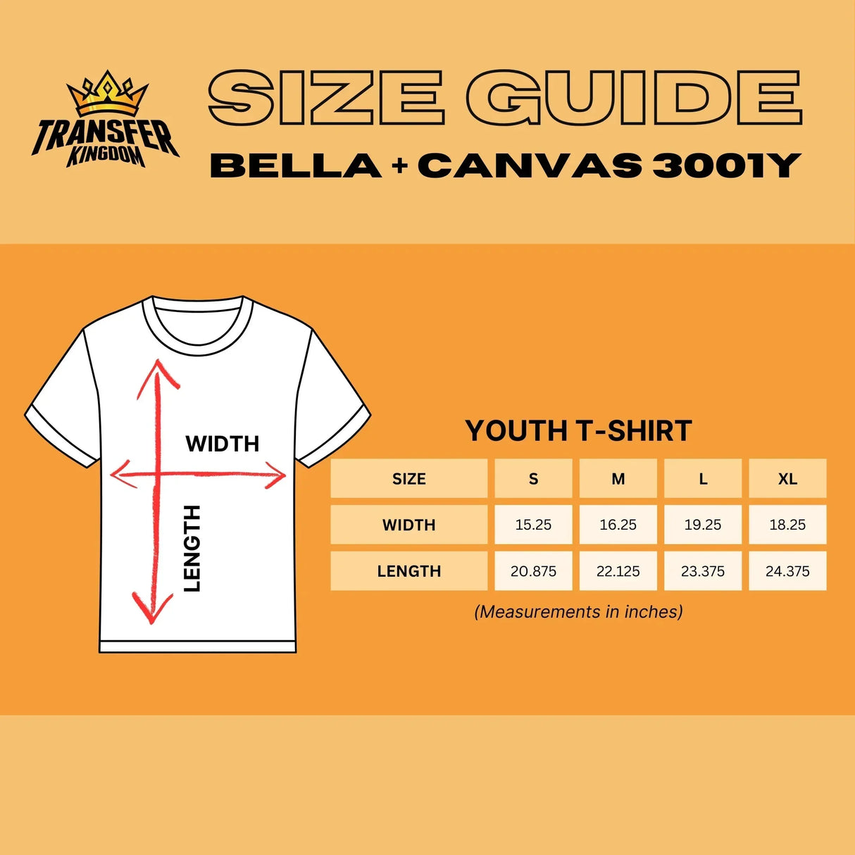 Bella + Canvas 3001Y youth t-shirt size guide with width and length measurements in inches