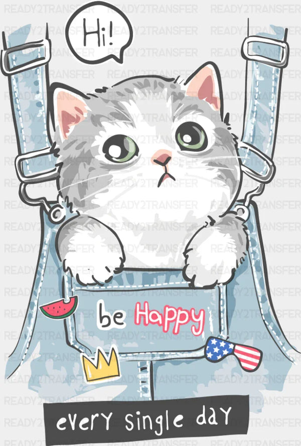 Be Happy Jean Overalls - Cats DTF Transfer