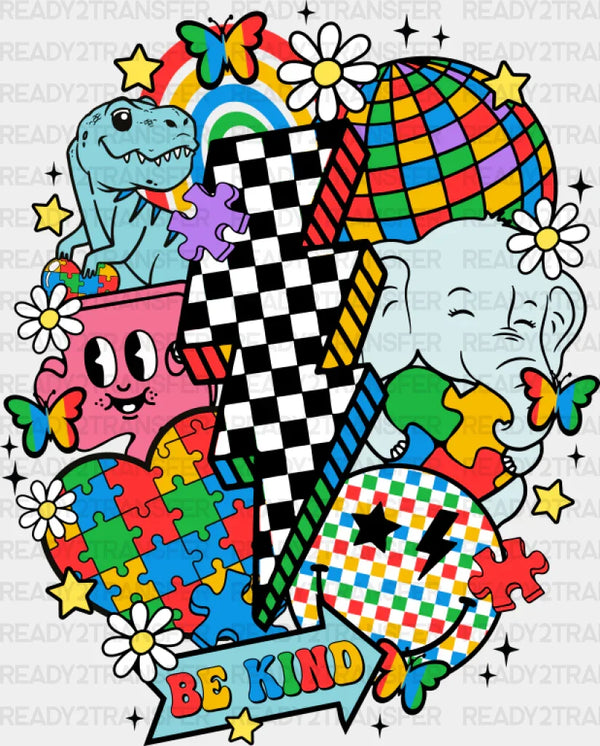 Be Kind Checkered Lightning Bolt Design - Autism Awareness DTF Transfer