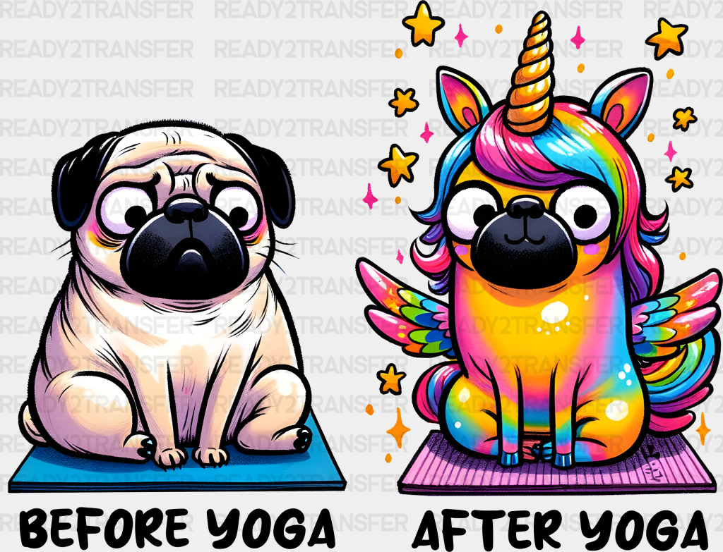 Before Yoga Vs After Pug Design - Dtf Heat Transfer Adult Unisex S & M (10’’) / Black