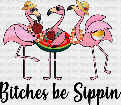 Bitches Be Sippin’ Flamingos Summer Dtf Transfer Adult Unisex - S & M (10’) / Black