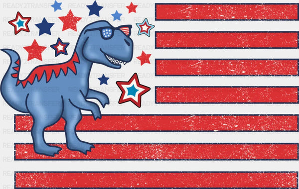Blue Dinosaur US Flag Red Design - 4th Of July DTF Transfer