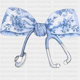 Blue Flower Pattern Ribbon & Stethoscope - Registered Nurse DTF Transfers ready2transfer