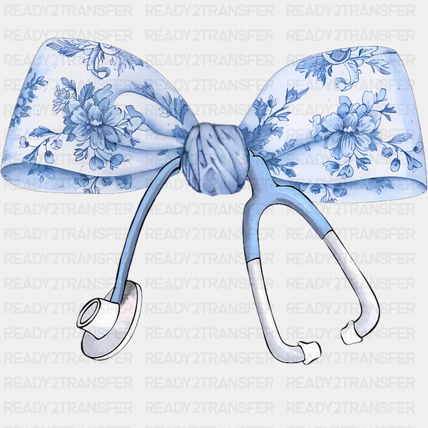 Blue Flower Pattern Ribbon & Stethoscope - Registered Nurse DTF Transfers