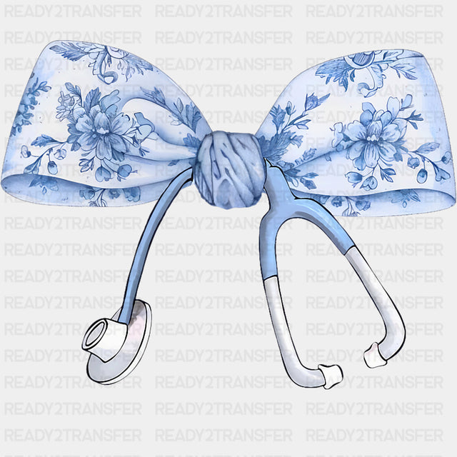 Blue Flower Pattern Ribbon & Stethoscope - Registered Nurse DTF Transfers ready2transfer