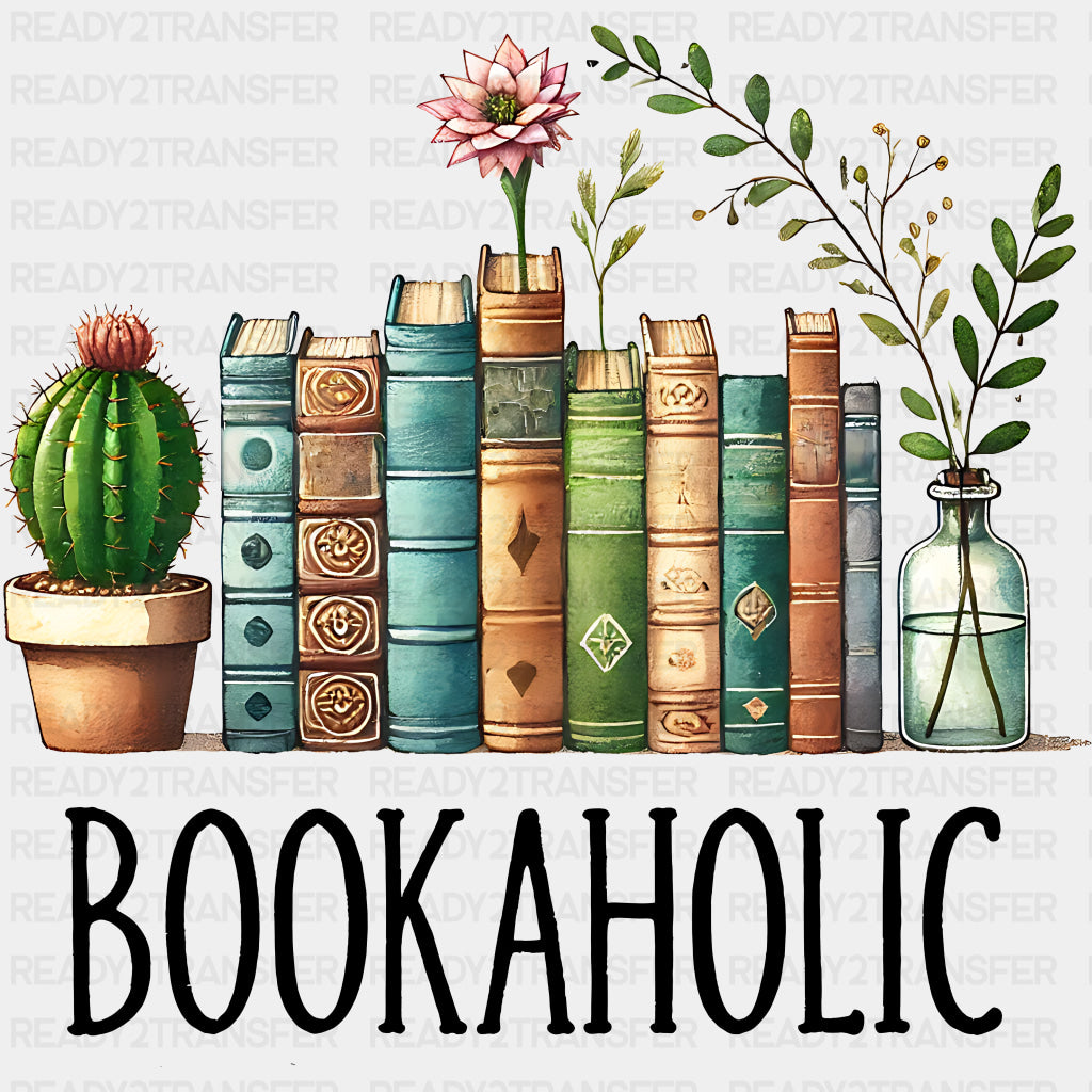 Bookaholic, Books & Cactus - Reading DTF Transfers ready2transfer Dark Color Design (See Imaging)