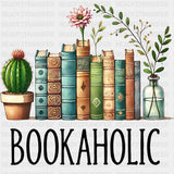 Bookaholic, Books & Cactus - Reading DTF Transfers ready2transfer Dark Color Design (See Imaging)
