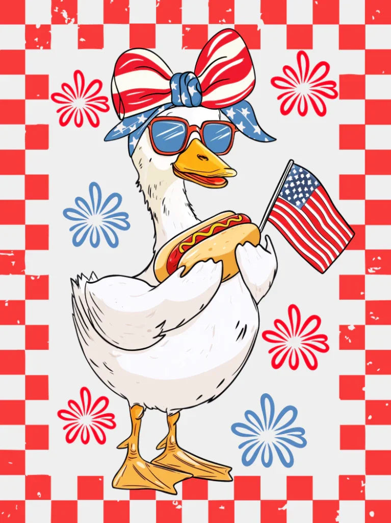 Boy & Girl Goose Hot Dog Red Design - 4th Of July DTF Transfer Adult Unisex - S & M (10’’) / Girl Design (See Imaging)