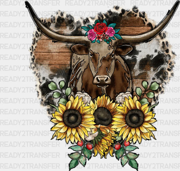 Bull Sunflower Design - Farm Animals Iron On DTF Transfer