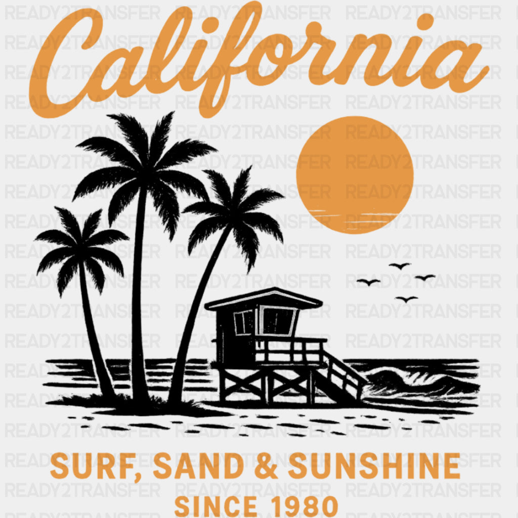 California, Surf Sand & Sunshine - Surfing DTF Transfers ready2transfer Dark Color Design (See Imaging)