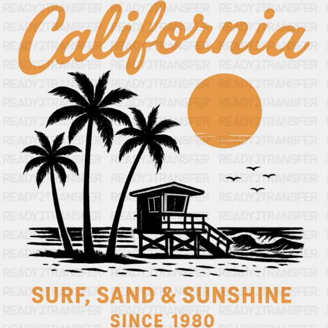 California, Surf Sand & Sunshine - Surfing DTF Transfers ready2transfer Dark Color Design (See Imaging)