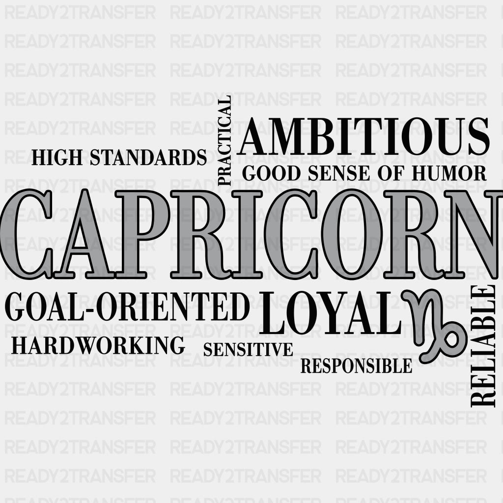 Capricorn Qualities Gray Horizontal - Zodiacs & Horoscopes DTF Transfers - Adult Unisex - S & M (10’’) / Dark Color
