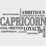 Capricorn Qualities Gray Horizontal - Zodiacs & Horoscopes DTF Transfers - Adult Unisex - S & M (10’’) / Dark Color