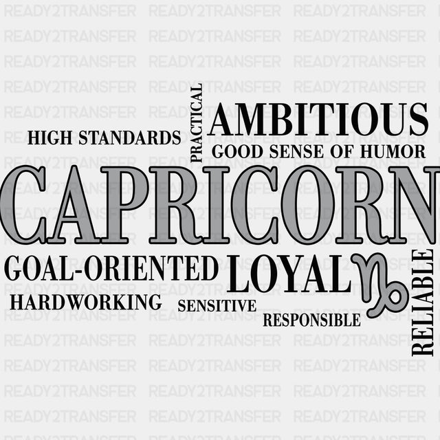 Capricorn Qualities Gray Horizontal - Zodiacs & Horoscopes DTF Transfers - Adult Unisex - S & M (10’’) / Dark Color