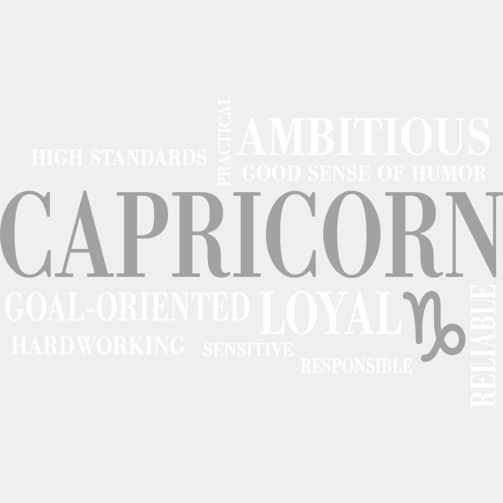 Capricorn Qualities Gray Horizontal - Zodiacs & Horoscopes DTF Transfers - Adult Unisex - S & M (10’’) / Light Color