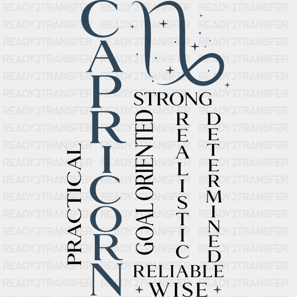 Capricorn Qualities Teal - Zodiacs & Horoscopes DTF Transfers - Adult Unisex - S & M (10’’) / Dark Color Design (See
