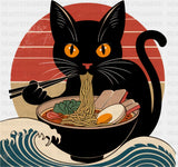 Cat Eating Ramen & Kanagawa Wave - Cats DTF Transfer Adult Unisex - S & M (10’’) / Dark Color Design (See Imaging)
