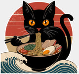 Cat Eating Ramen & Kanagawa Wave - Cats DTF Transfer Adult Unisex - S & M (10’’) / Light Color Design (See Imaging)
