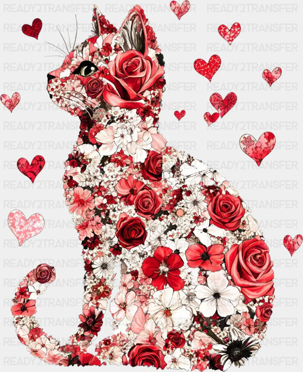 Cat Flowers And Hearts - Valentine's Day DTF Transfer