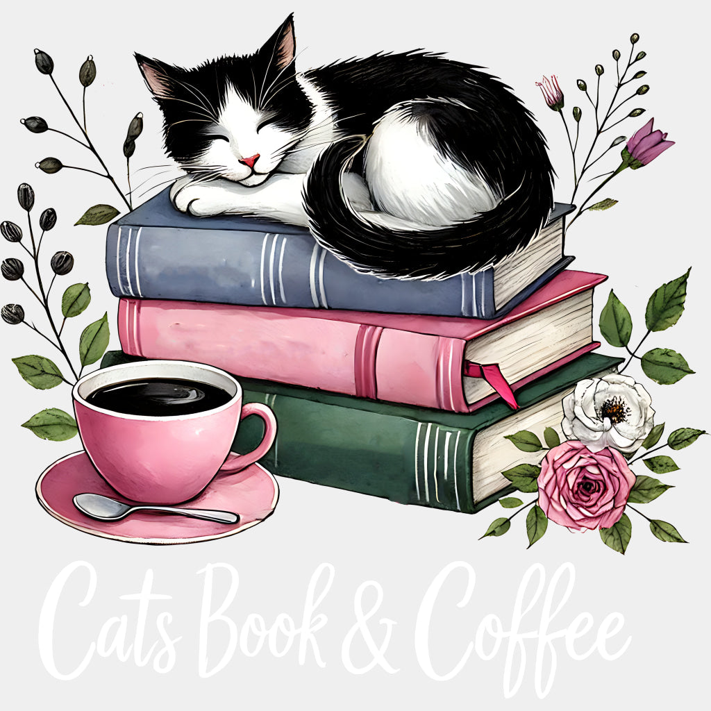 Cats Book & Coffee - Reading DTF Transfers ready2transfer Light Color Design (See Imaging)