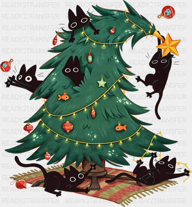 Cats With Christmas Tree - Christmas DTF Transfer Adult Unisex - S & M (10’’) / Dark Color Design (See Imaging)