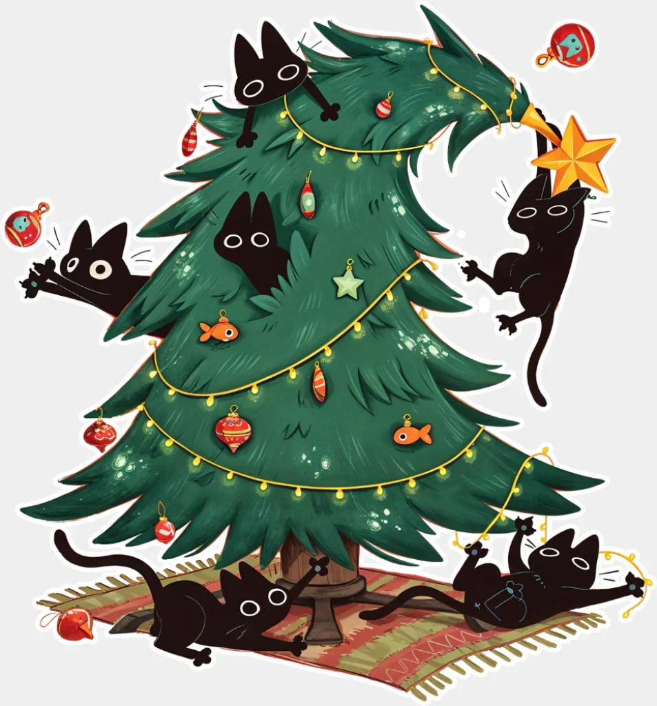 Cats With Christmas Tree - Christmas DTF Transfer Adult Unisex - S & M (10’’) / Light Color Design (See Imaging)