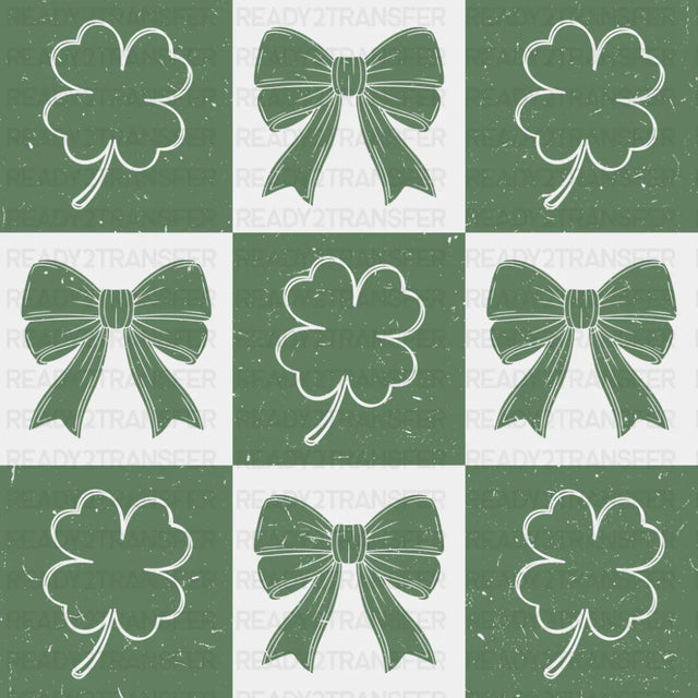 Checker Board Clovers And Ribbons - St. Patrick’s Day DTF Transfer Adult Unisex - S & M (10’’) / Green Color Design