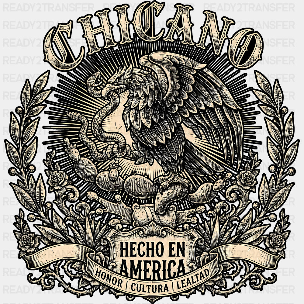 Chicano Hecho en América - Hispanic Heritage Month DTF Transfers - Adult Unisex - S & M (10’’) / Dark Color Design (See