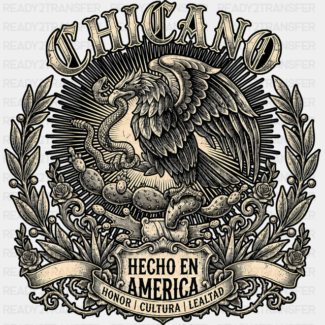 Chicano Hecho en América - Hispanic Heritage Month DTF Transfers - Adult Unisex - S & M (10’’) / Dark Color Design (See