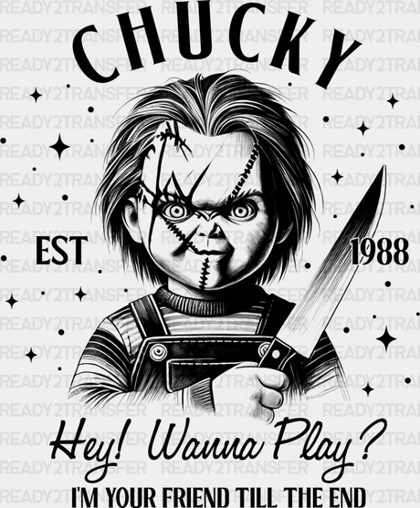 Chucky Hey Wanna Play - Halloween Iron On Dtf Transfer Adult Unisex S & M (10’’) / Dark Color