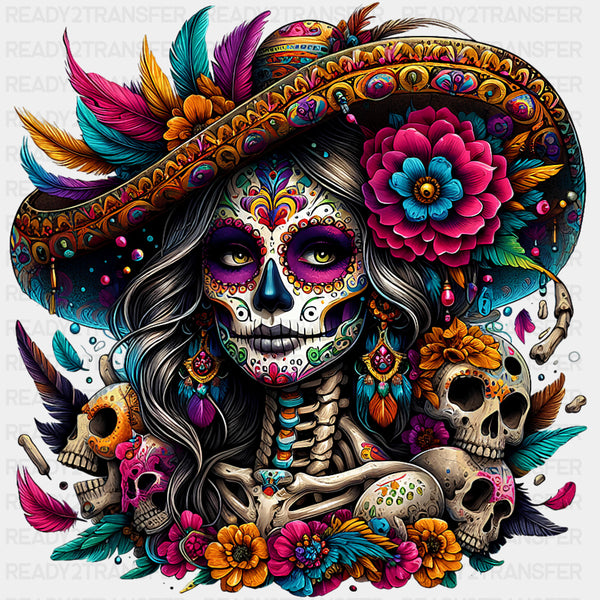 Colorful Skull Lady - Day of the Dead DTF Transfers
