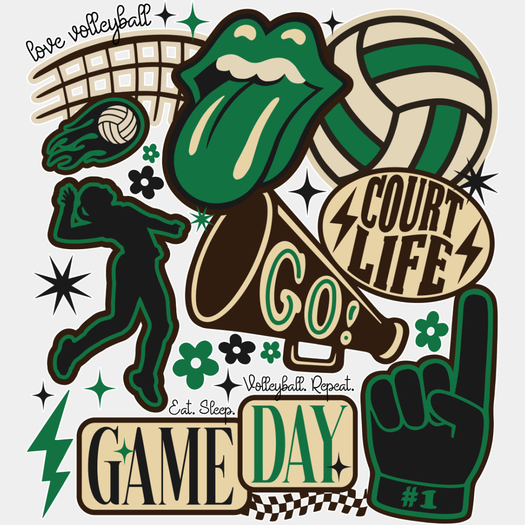 Court Life, Game Day, Go, Green Design - Volleyball DTF Transfers ready2transfer Light Color Design (See Imaging)