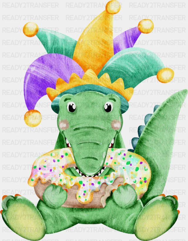 Cute Alligator Eating Donut - Mardi Gras DTF Transfer Adult Unisex - S & M (10’’) / Dark Color Design (See Imaging)